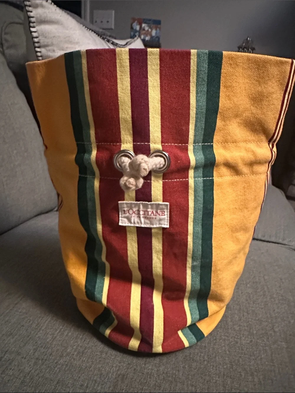 L'OCCITANE Red, Yellow & Burgundy Striped Drawstring Pouch Bucket Bag